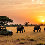 **

A vast savanna grassland in the Central African Republic at sunset. An open-top jeep is parked, silhouetted against the orange sky. In the distance, a herd of elephants slowly crosses the plain. Focus on the feeling of immense scale and the beauty of the untouched landscape.  Keywords: savanna, Central African Republic, sunset, elephants, jeep, Africa, landscape, adventure.

**