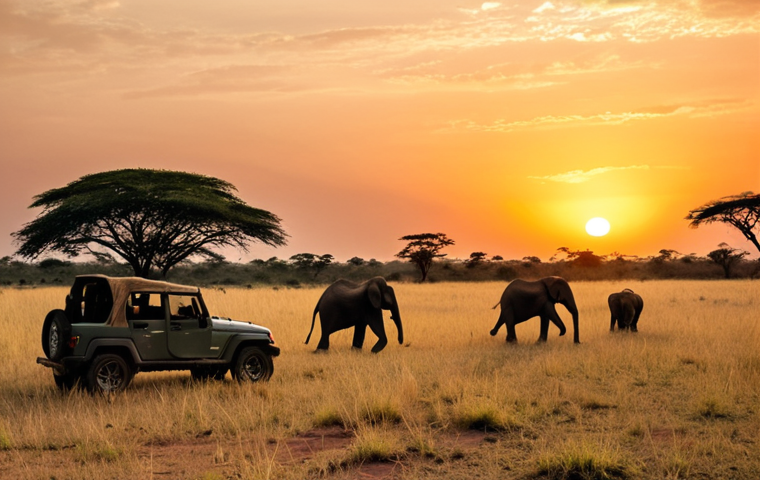 **

A vast savanna grassland in the Central African Republic at sunset. An open-top jeep is parked, silhouetted against the orange sky. In the distance, a herd of elephants slowly crosses the plain. Focus on the feeling of immense scale and the beauty of the untouched landscape.  Keywords: savanna, Central African Republic, sunset, elephants, jeep, Africa, landscape, adventure.

**