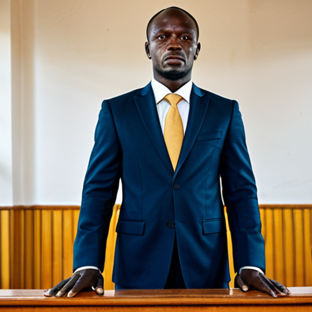 "A determined human rights lawyer in a modest business suit, standing in a simple courtroom in the Central African Republic, fully clothed, appropriate attire, safe for work, perfect anatomy, natural proportions, professional photography, high quality."