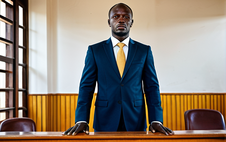"A determined human rights lawyer in a modest business suit, standing in a simple courtroom in the Central African Republic, fully clothed, appropriate attire, safe for work, perfect anatomy, natural proportions, professional photography, high quality."