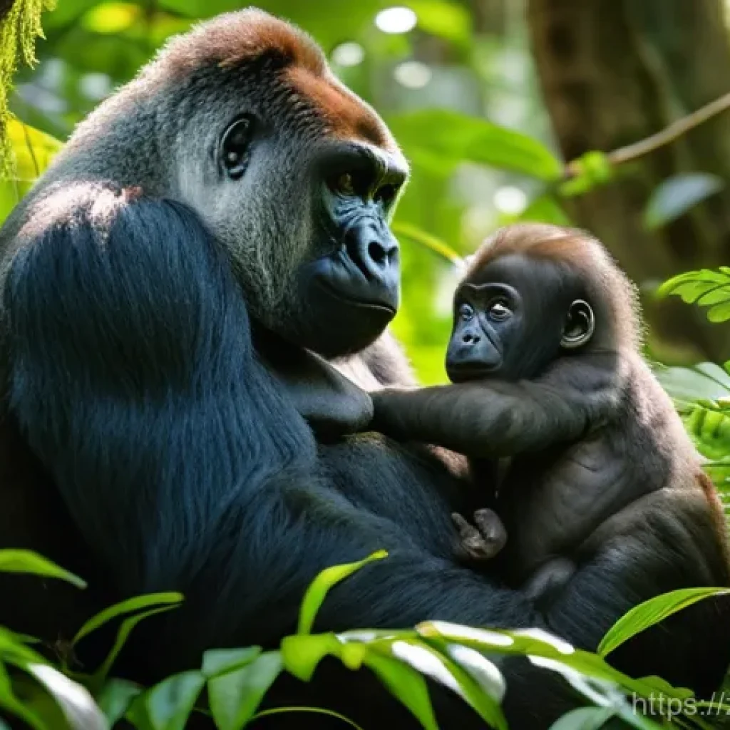 중앙아프리카 공화국 야생 동물 촬영 - **Prompt:** A heartwarming scene in the dense, lush rainforest of the Central African Republic. A ma...