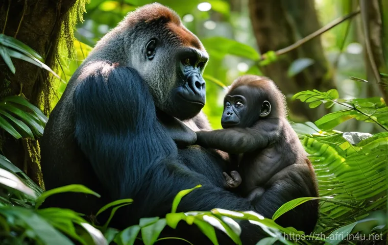 중앙아프리카 공화국 야생 동물 촬영 - **Prompt:** A heartwarming scene in the dense, lush rainforest of the Central African Republic. A ma...