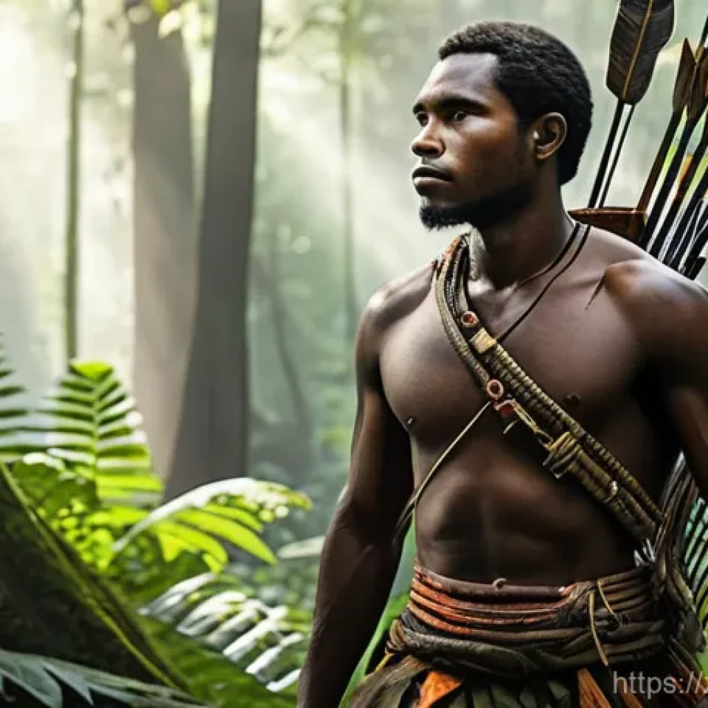 중앙아프리카 공화국 사냥 문화 - **Prompt:** A serene, ultra-realistic digital painting depicting an Mbuti hunter, male, in his late ...