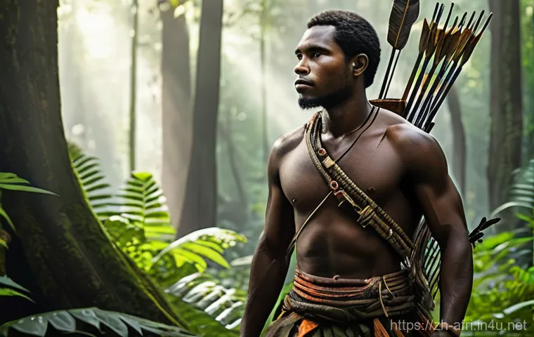 중앙아프리카 공화국 사냥 문화 - **Prompt:** A serene, ultra-realistic digital painting depicting an Mbuti hunter, male, in his late ...