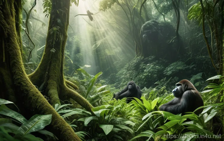중앙아프리카 공화국 콩고강 투어 - Prompt 1: Lush Congo Rainforest with Gorillas** 중앙아프리카 공화국 콩고강 투어 - Prompt 1: Lush Congo Rainforest with Gorillas**