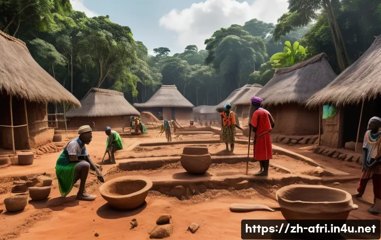중앙아프리카 공화국의 고고학적 발견 - A detailed archaeological excavation scene in the dense tropical forests of Central African Republic...