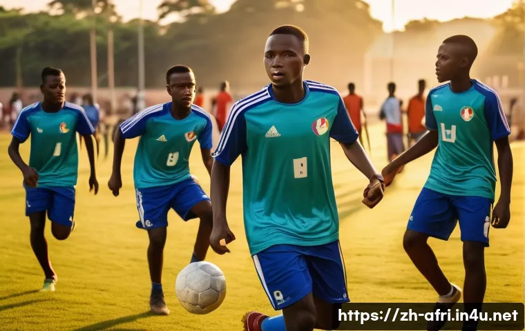 중앙아프리카 공화국 스포츠 스타 - A dynamic scene of young Central African Republic football players training on a well-maintained out...