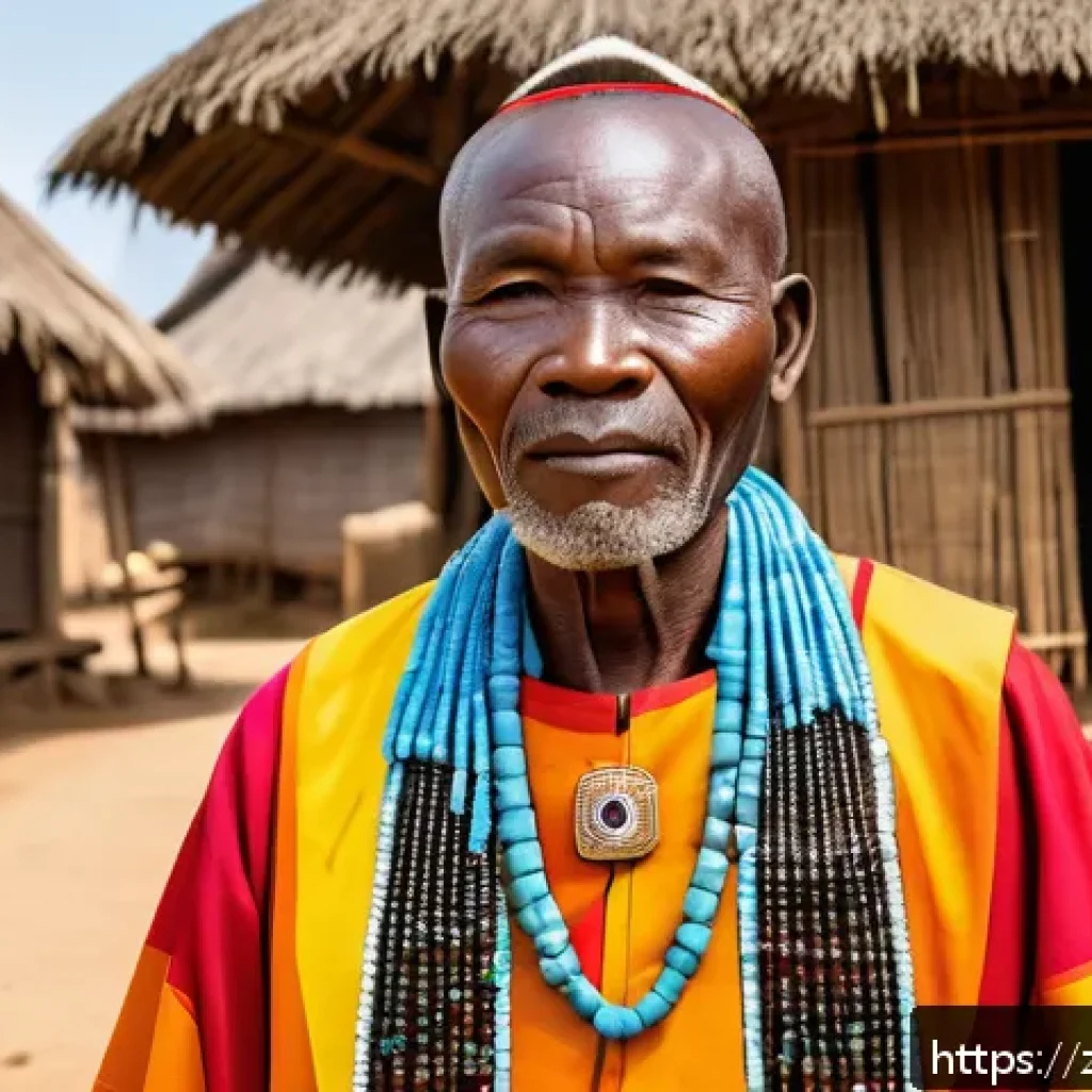 중앙아프리카 공화국 부족 사회 구조 - A dignified Central African tribal chief dressed in traditional colorful robes and beaded jewelry, s...
