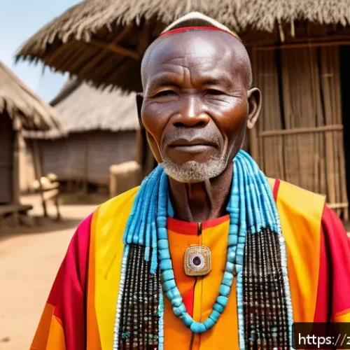 중앙아프리카 공화국 부족 사회 구조 - A dignified Central African tribal chief dressed in traditional colorful robes and beaded jewelry, s...