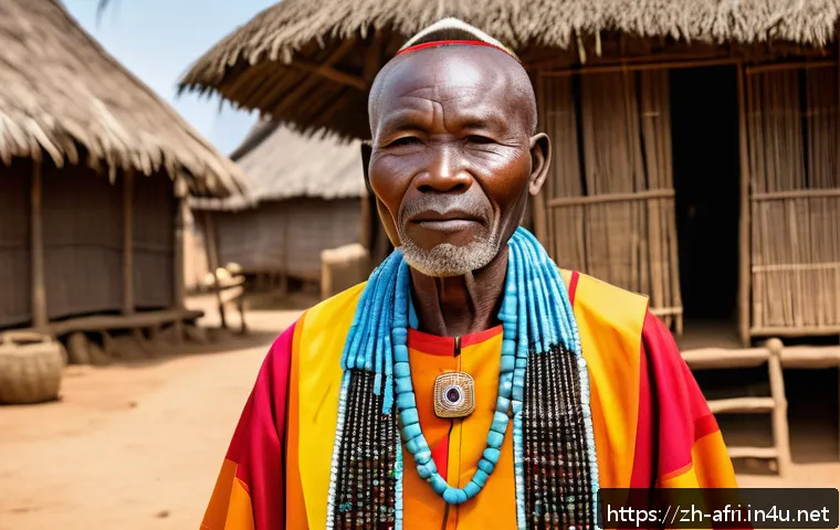 중앙아프리카 공화국 부족 사회 구조 - A dignified Central African tribal chief dressed in traditional colorful robes and beaded jewelry, s...