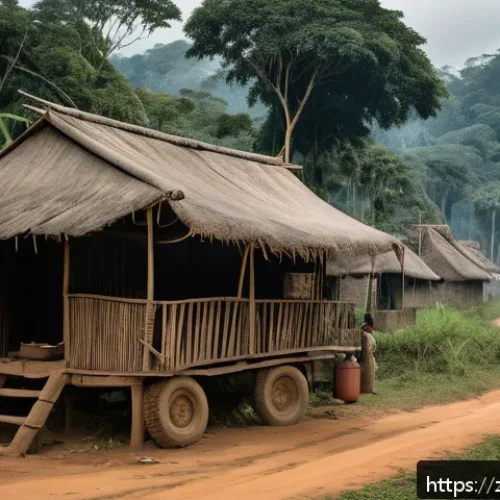중앙아프리카 공화국 국경 갈등 - A detailed and dramatic scene depicting a remote Central African border village surrounded by dense ...
