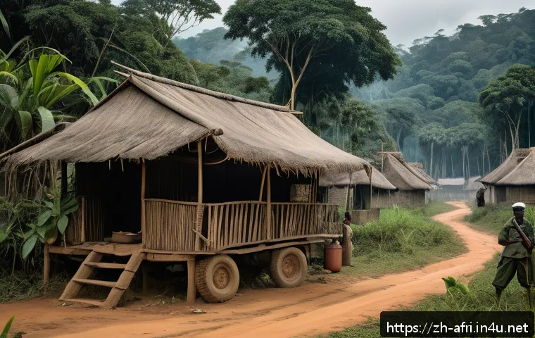 중앙아프리카 공화국 국경 갈등 - A detailed and dramatic scene depicting a remote Central African border village surrounded by dense ...