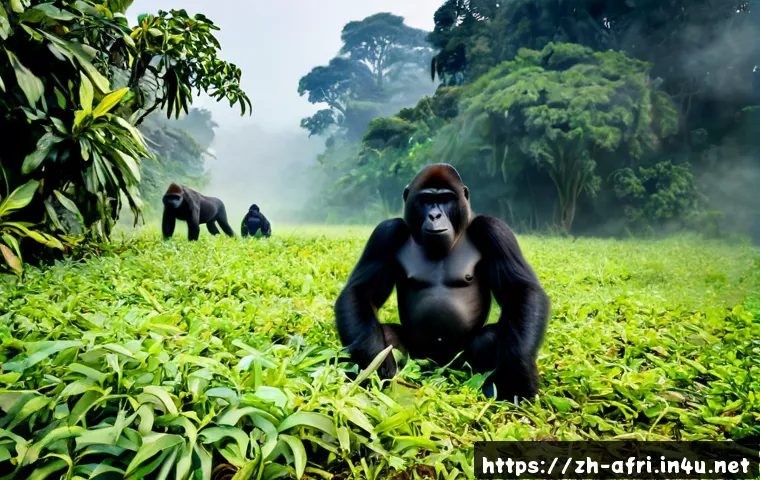 중앙아프리카 공화국 고릴라 보호구역 - Photorealistic western lowland gorilla family in a protected rainforest clearing in the Central Afri...